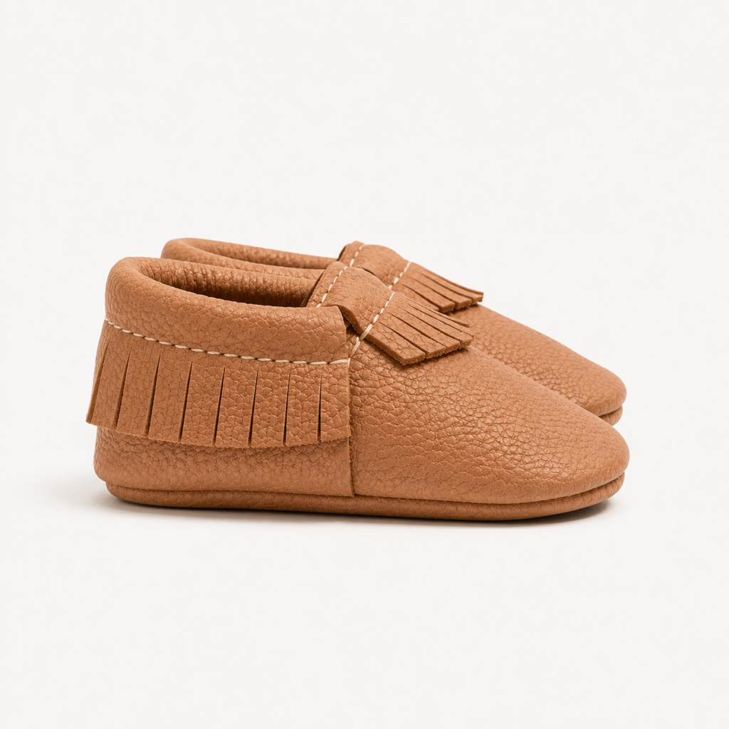 Tan leather baby moccasins with fringe