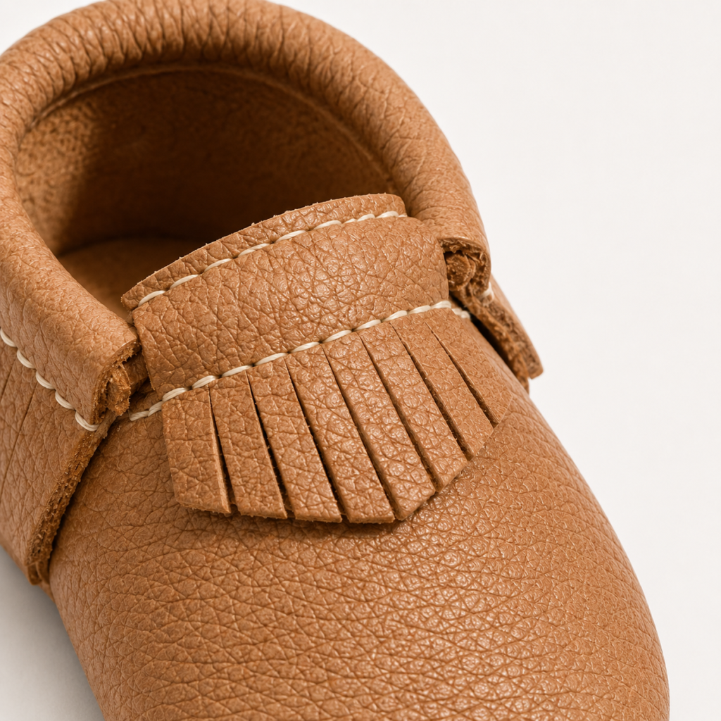 Leather baby moccasin fringe and stitching detail