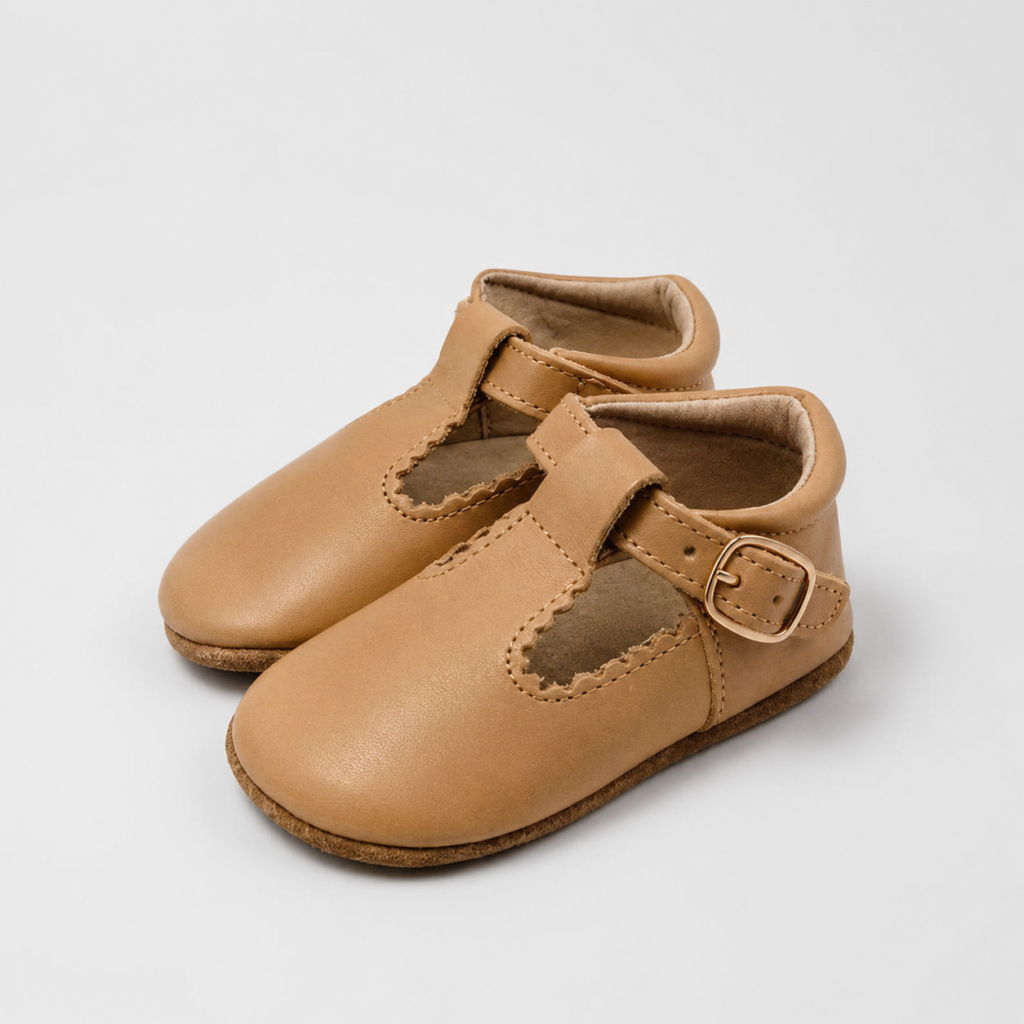 Tan leather soft sole baby T-strap shoes