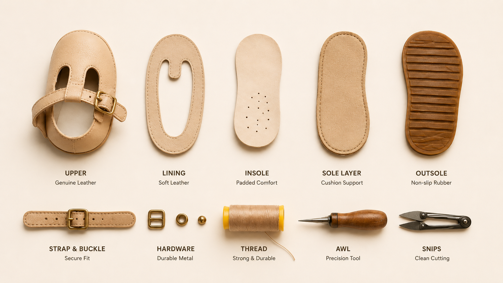 Baby footwear materials and components for OEM ODM manufacturing
